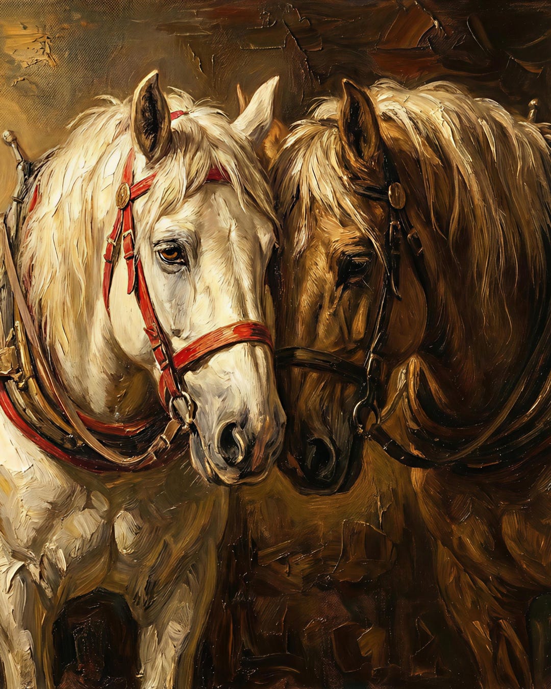 Vintage Horse Oil Painting, Farmhouse Wall Art, Two White Horses Print ...