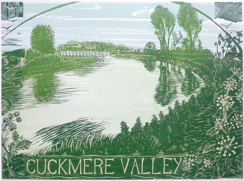 Lino cut and collograph print. Cuckmere Valley