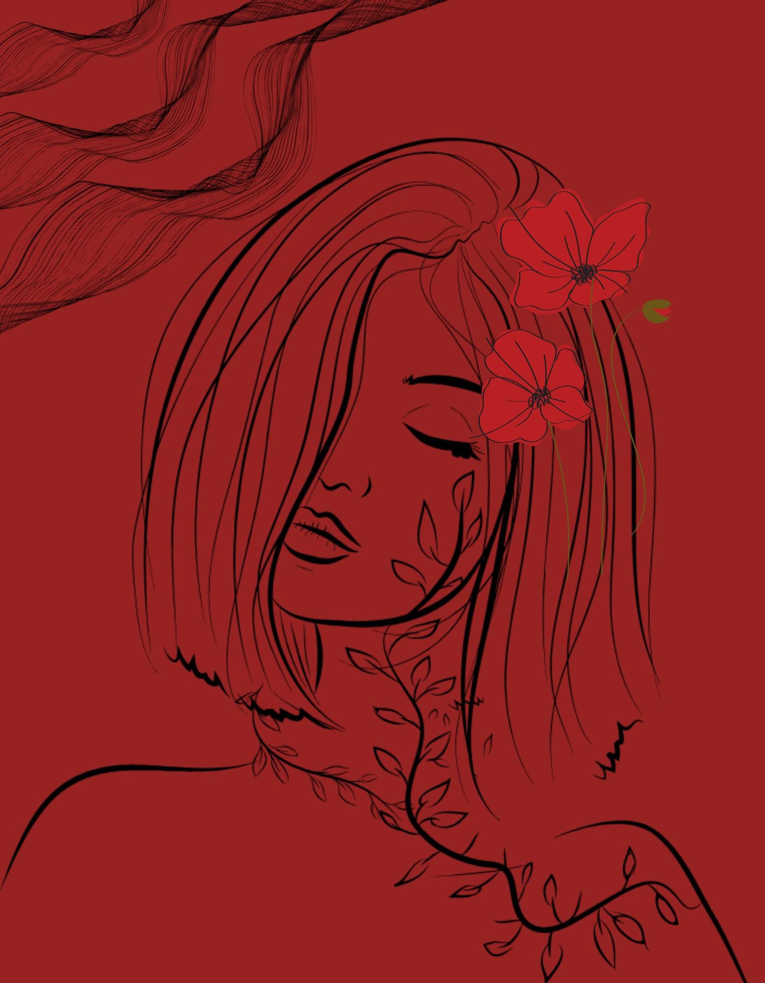 Red Passion Line Art Print Set, Minimalist Woman Portrait, Floral Wall ...