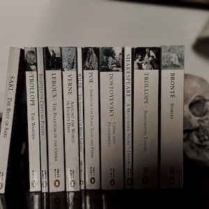 Può includere: Una collezione di dieci libri di letteratura classica con dorsi color crema, che presentano titoli di Saki, Trollope, Leroux, Verne, Wilde, Poe, Dostoevskij e Brontë. Ogni dorso mostra il nome dell'autore, il titolo del libro e una piccola illustrazione in bianco e nero.
