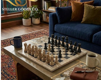 Marble Chess Set | Onyx Green & Black Stoneware Pieces | Board Game