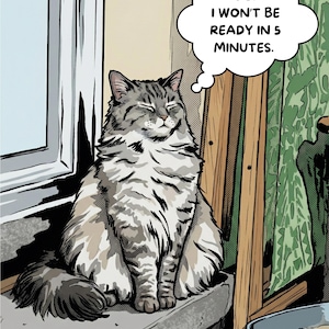 Könnte beinhalten: Comic-Stil-Illustration einer flauschigen grau-weißen Katze mit geschlossenen Augen. Eine Sprechblase über der Katze lautet: „Ich habe gelogen. Ich bin nicht in 5 Minuten fertig."