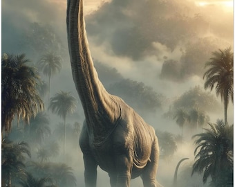 Arte mural de Brachiosaurus: póster realista de dinosaurio de la jungla, decoración prehistórica para el hogar, impresión enmarcada