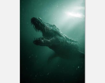 Impresión de Mosasaurio / Póster de monstruo marino prehistórico / Decoración de pared de reptil marino jurásico / Descarga instantánea