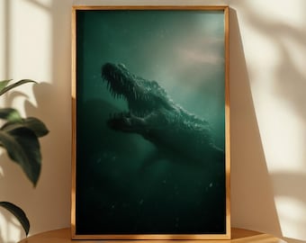 Póster de Mosasaurio / Decoración de pared de monstruo marino prehistórico / Impresión de reptil marino jurásico / Arte cinematográfico oceánico