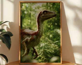 Arte mural de velociraptor para guardería: dinosaurio realista del bosque, descarga digital