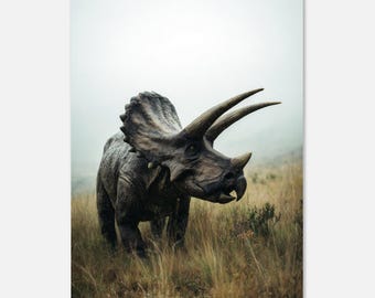 Lámina de dinosaurio Triceratops / Arte mural prehistórico cinematográfico (descarga digital)