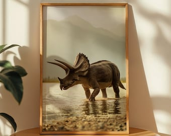 Póster de Triceratops / Arte mural cinematográfico de dinosaurios / Impresión jurásica prehistórica