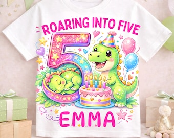 Dinosaur Birthday Shirt, Roaring Into Five, Pastel Kids Party Tee