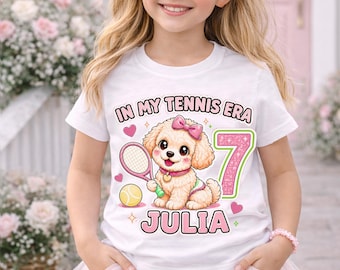Personalized Tennis Puppy Birthday Shirt, Girl Age 7 Outfit, Custom Name Kids Tee, In My Tennis Era Shirt, Cute Dog Birthday Gift