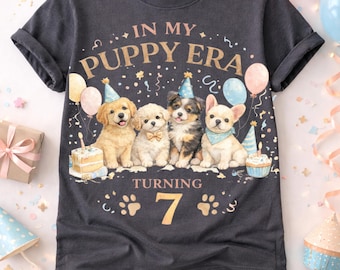 In My Puppy Era – 7th Birthday Shirt – Watercolor Dog Party Tee for Kids