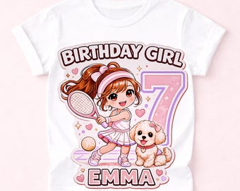 Tennis Birthday Girl Shirt, Personalized Puppy Birthday Outfit, Custom Name Kids Tee, Tennis Party Shirt, Age 7 Girl Gift