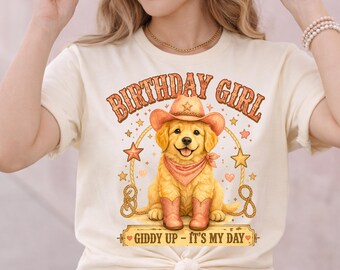 Cowgirl Birthday Shirt with Dog, Giddy Up Birthday Girl Tee, Western Pink Birthday Outfit, Cute Puppy Cowgirl Shirt