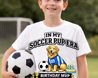 Personalized Soccer Dog Birthday Tee – Kids Custom Name Age Shirt – Golden Retriever MVP Design – Boys Sports Party Outfit