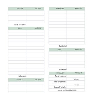 Peut inclure: Un planificateur budgétaire blanc avec un en-tête vert menthe indiquant « BUDGET PLANNER ». Le planificateur comprend des sections pour les revenus, les dépenses, les factures, les dettes, l'épargne et un résumé. Le coin inférieur droit porte la mention « SIMPLE LEDGER STUDIO ».