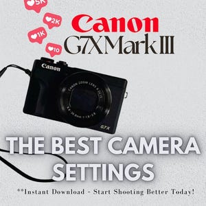 May include: A black Canon G7X Mark III digital camera with a zoom lens, displayed with red heart-shaped icons and the text "Canon G7X Mark III." The text "THE BEST CAMERA SETTINGS" is also visible.