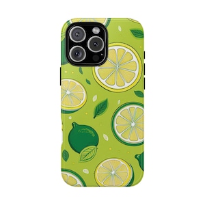May include: A lime green phone case featuring a repeating pattern of sliced lemons, whole limes, and green leaves. The case has a black camera module and black side buttons. The design is a bright and cheerful fruit-themed pattern.