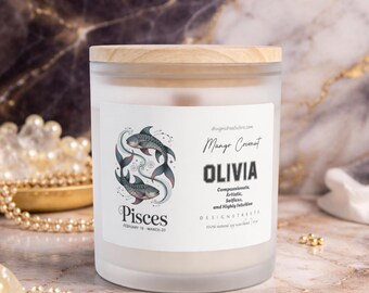 Personalized Zodiac Candle Pisces Star Sign | Private Label Custom Name Frosted Glass Candles, 11oz
