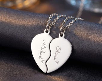 Personalized Engraved Necklace, Custom Engraving Split heart name Necklace women jewelry Birthday Gift for Girl Initial Date.