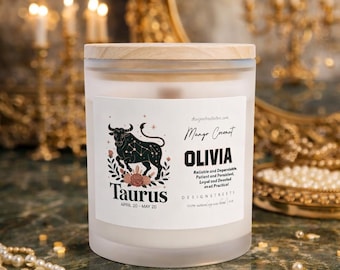 Personalized Zodiac Candle Taurus Star Sign | Private Label Custom Name Frosted Glass Candles, 11oz
