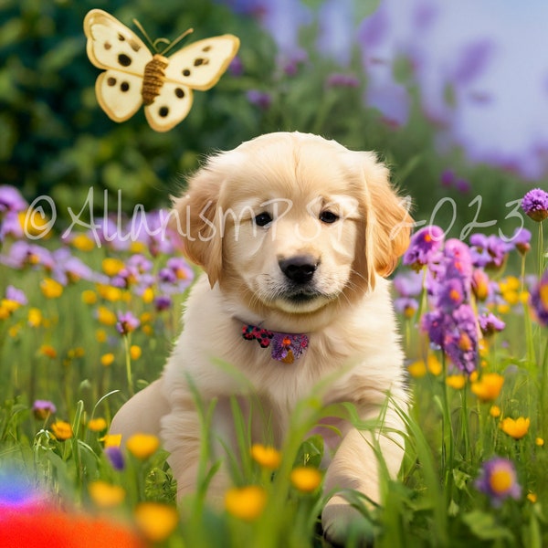 25 Golden Retriever Puppy Photo Real PNG JPG Bundle, Full Commercial Use, Puppy Illustrated art, Watercolor, Multi Use Art, SPCA Donation