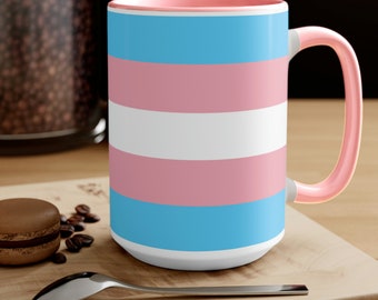 Transgender Pride Two-Tone Coffee Mugs, 15oz , Coffee Mug, 15 oz, Transgender Pride, Trans, Transgender, LGBTQ+, The Trevor Project