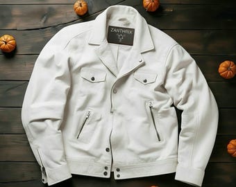 Men's White Lambskin Leather Biker Jacket – Slim Fit Cafe Racer Style, gift for him