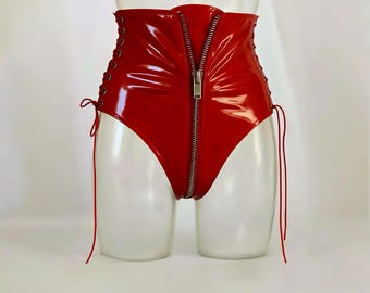 Red Leather High Waisted Shorts – Lace Up Zipper Front, Festival Rave Outfit