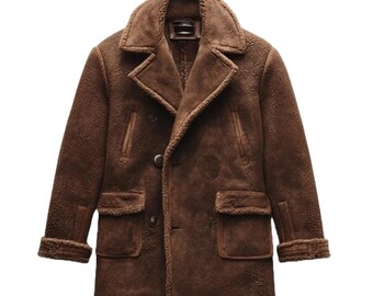 Men's Brown Faux Fur Shearling Pea Coat