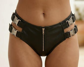 Shorts de cuero auténtico con hebilla – Ropa de fiesta de cintura alta para festivales y raves, parte inferior de bikini gótico