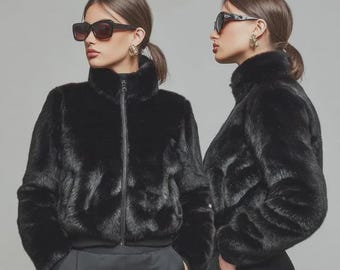 Women’s Black Fur Jacket – Luxury Short Coat, Winter Bomber Jacket, Gift for Her
