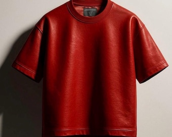 Men's Lambskin Leather Tee – Crewneck Streetwear Pullover, Red Casual Top