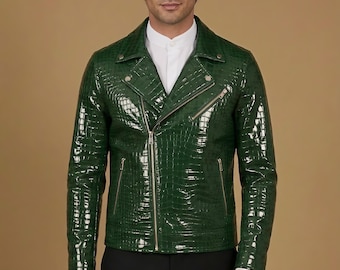 Green Crocodile Embossed Leather Jacket Men – Luxury Glossy Biker Style, Gift for husband