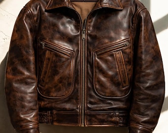 Distressed Brown Genuine Sheepskin Leather Bomber Jacket – Aviator Biker Style Outerwear, Gift for him