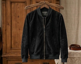 Men's Black Sheepskin Suede Bomber Jacket, Classic Flight Style, Ribbed Trim, Gift for him