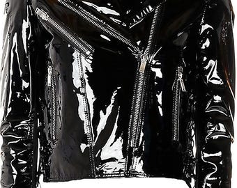 Women's Black Glossy Faux Patent Leather Cropped Biker Jacket Slim Fit Asymmetrical Zip