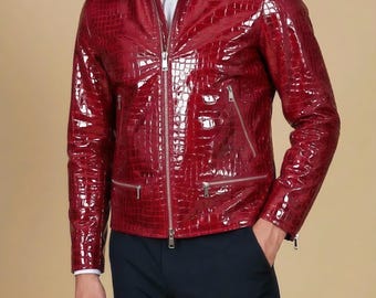 Men's Red Crocodile Embossed Leather Biker Jacket – Luxury Glossy Moto Jacket – Gift for Him