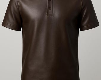 Men's Genuine Leather Polo Shirt | Dark Brown Short Sleeve Clubwear Streetwear