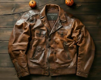 Men's Distressed Brown Genuine Leather Bomber Jacket – Cafe Racer Moto Style Coat