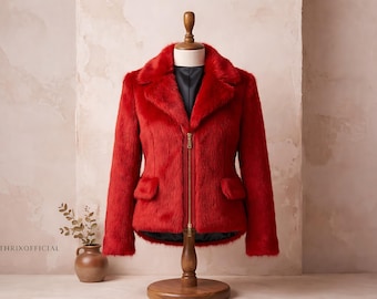 Red Faux Fur Jacket Women, Soft Plush Zip Up Winter Coat, Gift for Her