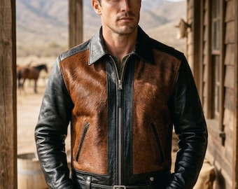Men's Two-Tone Cowhide Leather Jacket | Hair-on-Hide Biker Moto Coat | Western Ranch Wear