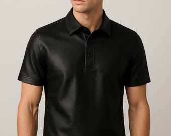Men's Black Genuine Leather Polo Shirt - Short Sleeve Luxury