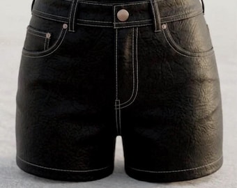 Black Genuine Leather High-Waisted Shorts – Handmade Boho Festival Streetwear Custom Fit