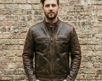 Men's Distressed Brown Leather Cafe Racer Jacket, Vintage Cowhide Moto Coat, Retro Moto Style