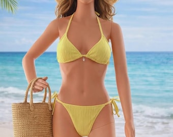 Adjustable Triangle Bikini Set with Beaded Accents – Minimalist Beach Swimwear