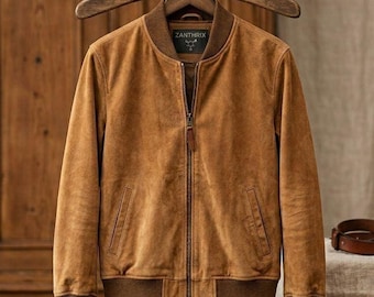 Men's Camel Sheepskin Suede Bomber Jacket, Classic Flight Style, Ribbed Trim, Gift for him