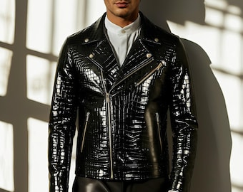 Men Black Crocodile Embossed Leather Jacket Men – Luxury Glossy Biker Style, Gift for husband