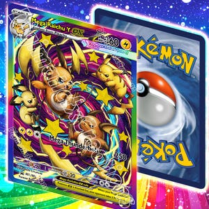 May include: A holographic Pokémon trading card featuring Mega Raichu Y EX. The card has a vibrant design with multiple Pikachu characters, yellow stars, and the text "Mega Thunderbolt". The reverse side of the card displays the Pokémon logo and a Poké Ball.