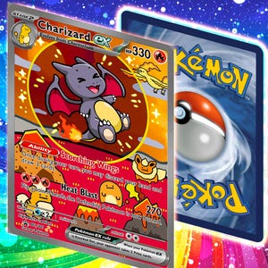 May include: A Charizard ex Pokémon trading card with a smiling Charizard illustration. The card has a HP of 330 and features the text "Scorching Wings" and "Heat Blast". The reverse side of the card has a Poké Ball design and the word "Pokémon".