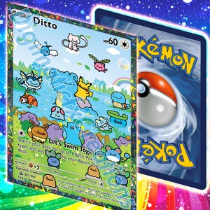 Könnte beinhalten: Eine farbenfrohe Pokémon-Sammelkarte mit dem Charakter Ditto und anderen Pokémon in einer Wasserszene. Die Karte hat einen blauen Rand und den Text "Ditto" oben. Die Rückseite der Karte ist ebenfalls sichtbar.